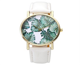 Unisex Green Banana Leaf Wrist Watch Leather Strap Quartz Watch Wristwatch