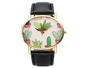 Lovely Cute Potted Cactus Wrist Watch Leather Strap Quartz Watch Wristwatch