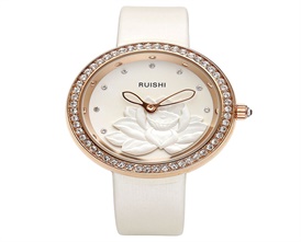 Ladies Wristwatch Inlaid Crystal Leather Strap Lotus Analog Quartz Watch
