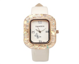 Elegant Ladies Wristwatch Butterfly Dial Resin Leather Band Square Quartz Watch