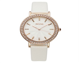 Ladies Wristwatch Rhinestone Rose Gold Case PU Leather Strap Analog Quartz Watch