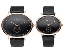 Couple Lovers Slim Wristwatch Fashion Small Second black PU Strap Quartz Watch 1 pair